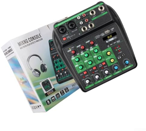 Mezclador de audio de 4 canales con USB y BT, consola de mezcla de DJ, fuente de alimentación de 48 V, entradas XLR, placa de sonido para transmisión en vivo, para podcast, grabación de estudio (verde