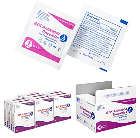 Dynarex BZK Antiseptic Towelettes, 5 x 7, Disposable and Premoistened, Individually Wrapped, 1 Case | 10 Boxes of 100 Dynarex BZK Antiseptic Towelettes (Packaging May Vary)