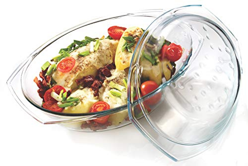 Sendez Glasbräter 2,9L mit Deckel aus Borosilikatglas – Ovale Auflaufform & Bratschüssel – Hitzebeständig -40 °C bis +300 °C – Dickwandig, Transparent, Spülmaschinengeeignet – 32 cm