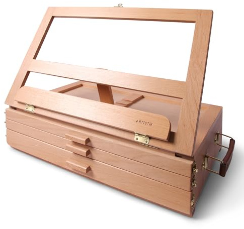 Wooden Table Top Easel Box with Built-in Storage Drawer, Adjustable Beechwood Storage Desk Easel for Painting – Lightweight, Travel-Ready Design, Ideal for Artists - 3 Draws