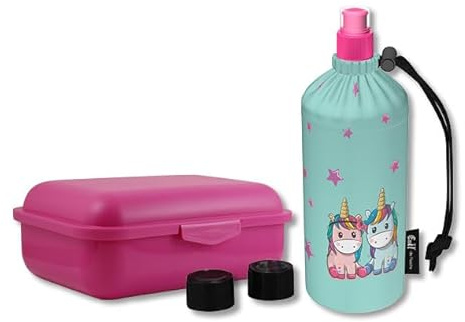 Emil Trinkflasche aus Glas inkl. Brotbox & Ersatzverschlüsse – Starterset zur Einschulung - BPA-frei & schadstofffrei, isolierend – Ziehverschluss für Wasser, Saft & Milch – Unicorns (0,4l)