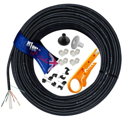 1STec 10m Roll of Genuine BT CW1415 Dropwire 11 Overhead Single 1 Pair Telephone Drop Wire Down Lead kit with 2 Cable Entry Grommets 4 Joining Gel Crimps + Clips and IDC Insertion Tool (10 Metre)