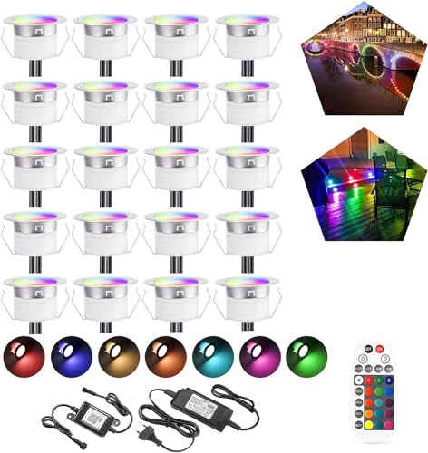 SUBOSI 20er Bluetooth RGB Led Bodeneinbaustrahle Aussen 0.6W Ø30mm IP67 Wasserdicht LED Einbaustrahler Terrasse Küche Garten Led Lampe Full Kit