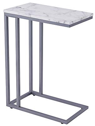 ROSEN GARDEN C-Shape Side End Table, Faux Marble Tray Snack Table with Metal Frame, Laptop Coffee Holder, Modern Furniture (Silver)