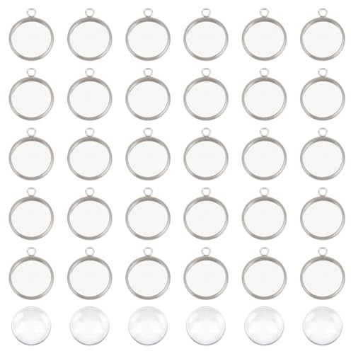 UNICRAFTALE Anhänger Herstellung Kits 50 Stück 12 mm Flache Runde Edelstahl Anhänger Lünette Tablett Einstellungen Und 52 Stück Halbrunde Transparente Glas Patch Cabochons Für Schmuck DIY Making Craft