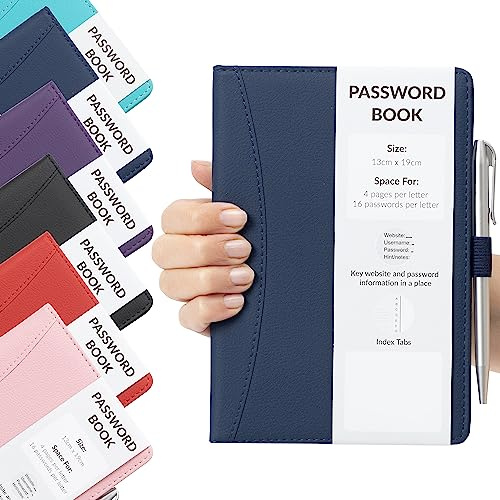 Passwortbuch, alphabetisch, mit Registerkarten, A-Z, fester Einband, für Internet-Website-Adressen, Kontakte, Passwort-Organizer mit Stift (Marineblau)