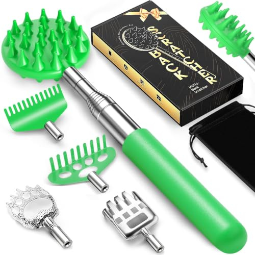 TUKUOS Rascador de espalda telescópico con 3 cabezales de rascado desmontables, rascador de espalda extensible para hombres/mujeres, rascador de garra de oso/rastrillo para arañazos