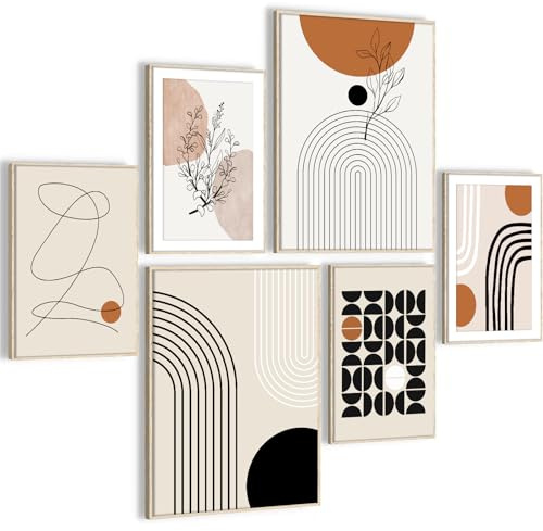 HONEYBABY Abstrakt väggkonst för vardagsrum boho minimalistisk botanisk inramad duk väggkonst bilder för sovrumsväggar mitten av århundradet geometriska väggkonsttryck för hemmakontor badrum set med 6