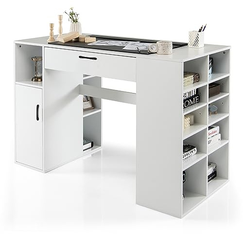 Giantex Craft Table with Storage, Artwork Sewing Table 14 Large & Small Storage Compartments, 1 Sliding Drawer, 1 Cabinet with 2 Shelves, 36'' Counter Height Drafting Writing Sewing Station Desk