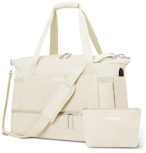 ETRONIK Sporttasche Reisetasche Damen mit Schuhfach, 55L Weekender Damen Große mit Nassfach, Sport Travel Bag für Reisen Gym Yoga, Handgepäck Tasche für Flugzeug, Beige, Large