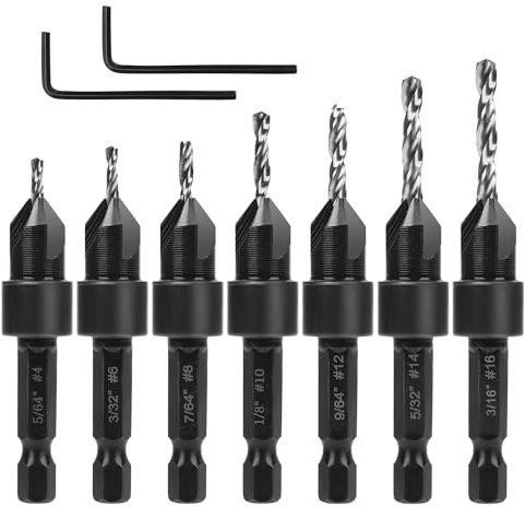 9pcs Countersink Drill Bit Set, Counter Sink Drill Bit for Wood with Wrenches Woodworking Countersink Bit for #4#6#8#10#12#14#16 Screws in Hard Wood Plastic Plate