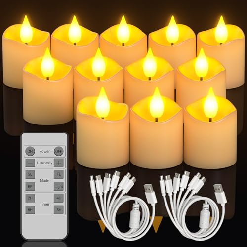 SoulBay Lot de 12 Bougies LED Chauffe Plat Rechargeables, Fausse Bougie à LED Decorative Flamme Vacillante avec Télécommande et Minuterie pour Fête, Chambre, Salon, Noël, Halloween décoration