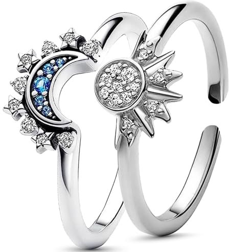 Uwiyo Sonne Mond Ringe Set, Verstellbar Gold Silber Frauen Ring, Matching Freundschaftsringe, Damenring Dupes Schmuck Geschenk für Frauen (Silber Sun + Moon)
