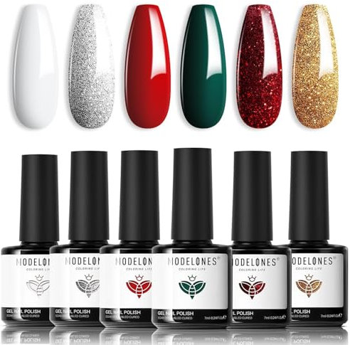 Modelones Gel Nail Polish Set, 6 Colors Christmas Gel Polish Red Green White Nail Polish Gold Silver Nail Varnish Kit Soak Off Nail Art Manicure DIY Salon for Women