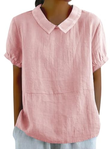 Onsoyours Chemise Lin Femme Chemisier Coton pour Femmes Col en V Manche Courte Tops Grande Tailles Couleur Unie LâChe Respirant T-Shirts Tunique Blouse Hauts A Rose M