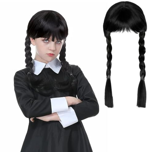 Adda-ms Perücke für Kinder Damen, Schwarze Geflochtene Perücken, Adda-ms Cosplay Perücke, Perücken Zopf für Frauen, Mittwoch Kostüm Cosplay für Party Fasching Karneval Halloween