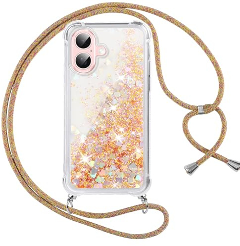 Vauki handyband für iPhone 16 Hülle mit Band, Silikon Durchsichtig Transparent Flüssig Glitzer mit Kette Kordel Treibsand Necklace TPU Schutzhülle Case für iPhone16, Gold