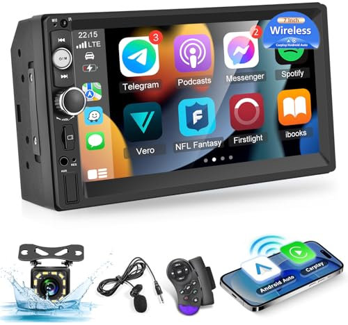 Autoradio 2 Din con Senza fili Carplay e Android Auto - Stereo auto Bluetooth Touchscreen HD da 7 Pollici con EQ, Mirror Link, Radio FM, Porta TF/AUX/USB, SWC + Telecamera di Backup