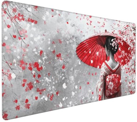 Gaming Mauspad XXL japanische Frau Mousepad 1000x500x4mm Rot Verlängertes Mauspad Schreibtischauflage,Genähte Kanten Mauspad,Verbessert Präzision Geschwindigkeit Wasserdicht Geeignet für Büro,Spiele