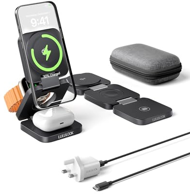 LULULOOK 3 in 1 Foldable Charger Qi2 Certified Charging Station, 15W Wireless Travel Chager MagSafe for Apple Watch 11/10/9/8/7/SE & AirPods Pro/3/2, for iPhone 17/16/15/14/13/12, Black