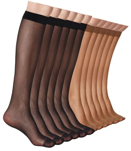 ZIHUA 12 Pairs Knee High Stockings for Women, 20 Denier Sheer Nylon Socks for Women(6Black6Tan,One Size)