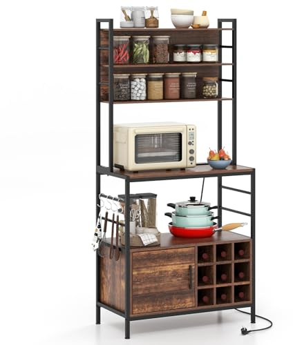 COSTWAY Étagère de Cuisine avec Prises de Courant, Armoire de Bar à Café avec Crochets, Porte-Bouteilles de Vin, Cadre en Métal Robuste, Support pour Micro-Ondes, pour Cuisine (Brun Rustique)