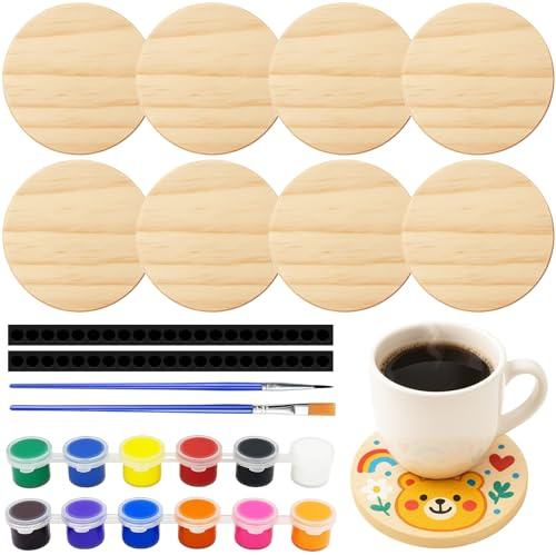 Sheryl&Rain 8 Stück unlackierte Holzuntersetzer, Holzuntersetzer 10 cm mit 12 Pigmenten und Pinseln, rund, blanko, Holzuntersetzer mit 40 weichen Fußpolstern, Brandmalerei, Holzrohling für Getränke