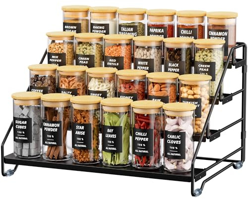 Gucass Étagère à Épices à 4 Étages, Réglable Porte-Épices en Métal, Support à Épices pour Cuisine Etagère de Stockage d'Épices avec 4 Crochets, Rangement d'Épices pour Cuisine, Salle à manger, Noir