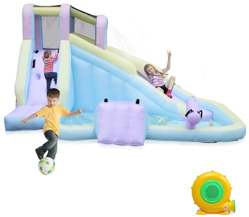 LEADZM Château Gonflable Couleur Macaron avec Souffleur, Piscine, Toboggan, Mur d'escalade, pour Extérieure/Intérieure, 400x300x230cm
