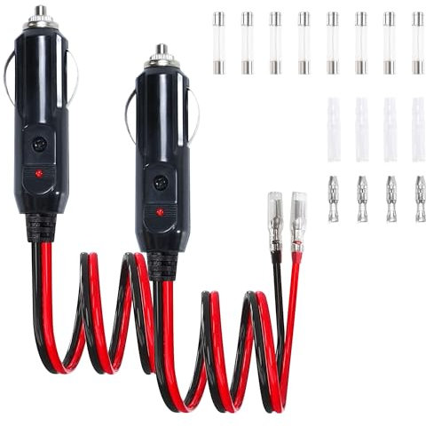 Elalove Zigarettenanzünder Stecker 12V/24V, 16AWG Kabel (15cm) mit 8 Sicherungen (10A/15A) – inkl. Zubehör für Auto, LKW, Wohnmobile