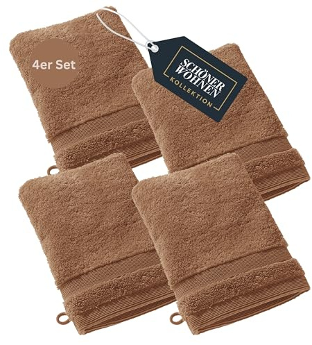 SCHÖNER WOHNEN Set di 4 guanti da bagno in spugna - Marrone - 16x21cm - Lavette Viso - salviette in 100% cotone - molto assorbente - Oeko-Tex - 500g/m2 - Hotel e B&B - qualità di lusso