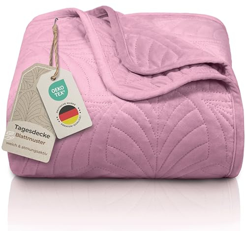 Gräfenstrayn Sängkläder för 2 personer, 240 x 260 cm - quiltat lakan med bladmönster - dekorativa mjuka polyesterdelar för dubbelsäng, soffa eller fåtölj - lätt stoppning (gammalrosa)