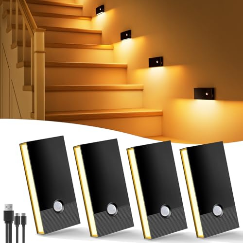 Luz Nocturna con Sensor de Movimiento, 4 Piezas Recargable Luz Nocturna Infantil con 3 Modos, Luz Noche LED Luz de Noche luz para Escaleras,Pasillo,Baño,Cocina, Habitaciones para niños, Negro
