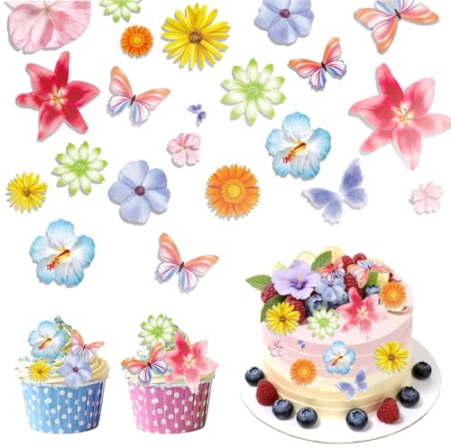 fleur comestible pour gateau, 60 Pièces fleurs comestibles décoration gateau, feuilles comestibles pour cupcakes pour les fêtes hawaïennes et les gâteaux, fabrication de bougies