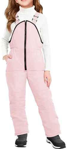Haloumoning Girls Snow Bibs Kids Fleece Lined Waterproof Ski Pants Overalls with Pockets 4-12 Years Pink