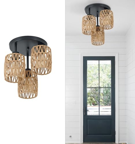 JOYINLED Rattan Deckenleuchte, 3-flammig, Boho-Design, Vintage Korb-Lampenschirm, Rustikal für Wohnzimmer, Schlafzimmer, Küche(keine Glühbirne)
