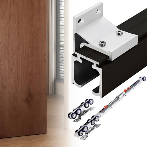 EXCLURA Schiebetür Schiene Obere/Wandmontierte Schiebetürschiene mit Soft-Close-Funktion, Beschlagsatz für Einzelne Innentüren im Stil Einer Scheunentür für Schränke(Black,45inch/114.3cm)
