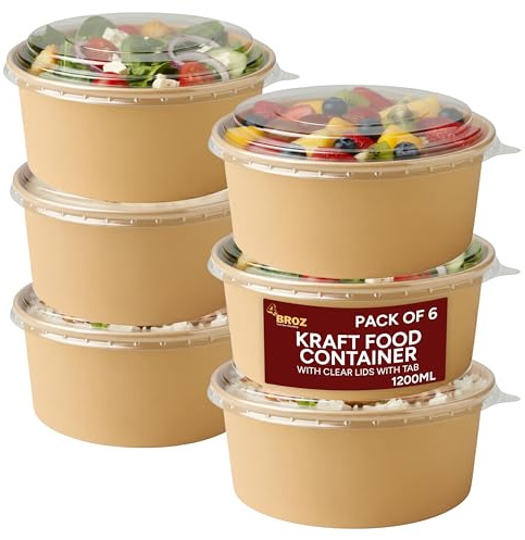 4BROZ - 6 Pack Kraft Paper Bowls with Lids (1200 ML) – Takeaway Containers for Hot & Cold Food – Leakproof Soup, Salad and Meal Prep Bowls, Eco-Friendly Disposable Food Containers