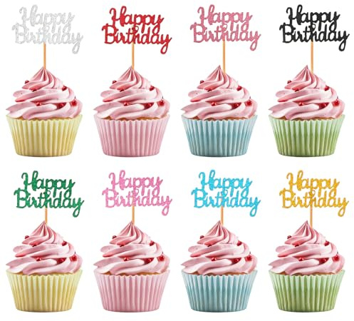 DOPENSPI 32 Pcs Happy Birthday Cupcake Toppers, Colorful Cake Toppers Glitter Cake Decorations with Wooden Sticks for Party Supplies Wedding Birthday Celebration Anniversary