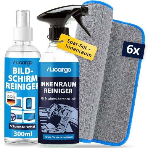 LICARGO Innenraum & Display Pflege Set – Innenraumreiniger 500ml, Bildschirmreiniger 300ml & 6 Mikrofasertücher 380 GSM – streifenfreie Cockpitpflege, klare Displays & schnelle Autopflege innen
