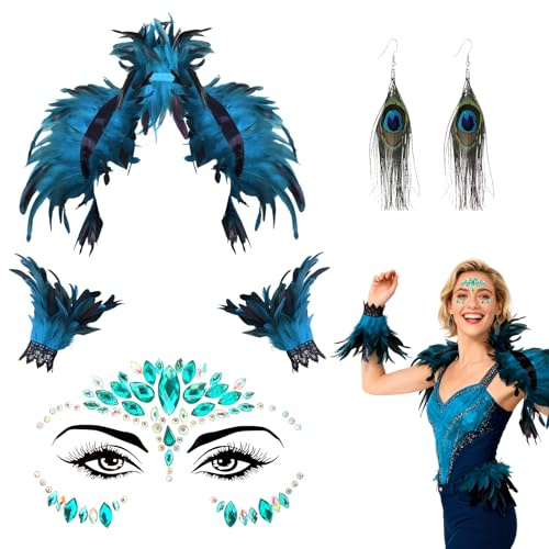 RAOPNHS Karneval Kostüm Damen Pfau 4 Teiliges Set – Faschingskostüme Mit Federumhang, Armstulpen, Ohrringen & Gesichtsschmuck – Pfau Kostüm Damen & Kostüm Pfau Zubehör Blau ﻿