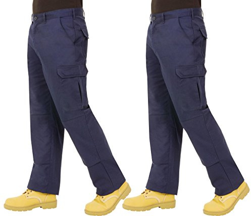 Twin Pack - Endurance Mens Cargo Combat Work Trouser with Knee Pad Pockets and Reinforced Seams (28R, Navy)