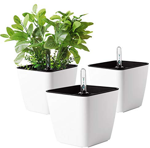 T4U 13cm Blumentopf Plastik Weiß mit bewässerungssyste mit Anzeiger Eckig Pflanztopf 3er-Set, Selbstwässernde wasserspeicher für blumentöpfe，übertöpfe für Zimmerpflanzen