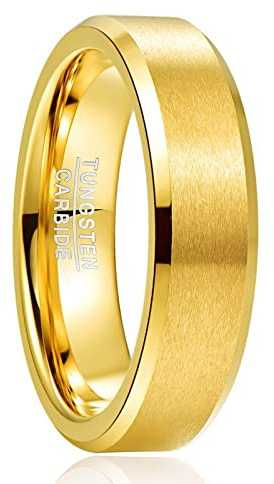 NUNCAD Mens Wedding Ring Gold 6mm Tungsten Carbide Rings for Men Matte Simple Band Ring with Beveled Edges Size S(60mm)