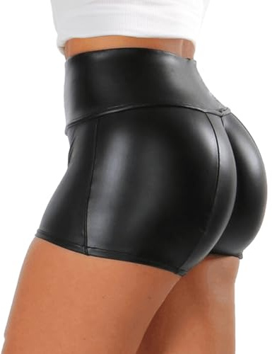 Tulucky Damen Flexible Club Kunstleder Shorts Hohe Taille Sexy Disco Short Hot Pants - Schwarz - Mittel