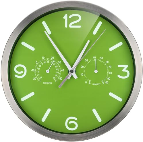 Bresser MyTime ND Radio-Controlled Wall Clock Thermo-Hygro with Silent Radio-Controlled Clock, Stainless Steel Frame and Display for Temperature and Humidity, Green, 250 x 250 mm