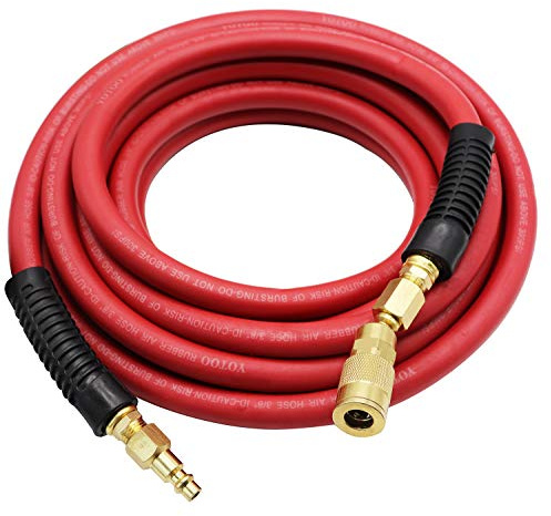 YOTOO Heavy Duty Rubber Air Hose 3/8-Inch by 25-Feet 300 PSI with 1/4 Industrial Swivel Solid Brass Quick Coupler, Plug and Bend Restrictors, Red