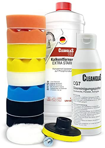 Reinigungsset für Bad & Dusche | 1L Kalkentferner extra stark als Antikalk Reiniger | 250ml Glasreinigungs-Politur für kratzfreie Glas-Reinigung | Premium Tuch | Polier-Schwamm Aufsatz Set