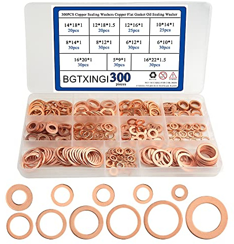 BGTXINGI Lot de 300 rondelles d'étanchéité en cuivre de 15 sortes, joint plat en cuivre, boîte de rondelle d'étanchéité M5 M6 M8 M10 M12 M14 M16