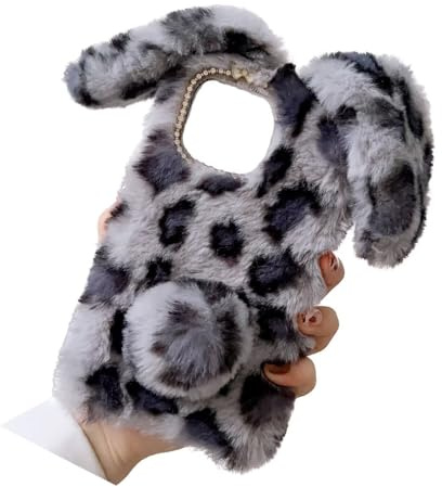 Miagon Pälsigt kaninfodral till iPhone 8/7/SE 2020/2022 leopardfodral flickor, kvinnor, supermjuk vinter, varm, rolig kaninöra, fuskpäls, plysch, fluffigt bollskydd